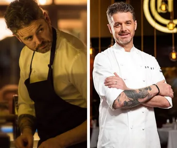 Chef in black apron cooking; same chef smiling, arms crossed in white coat, tattoos visible.