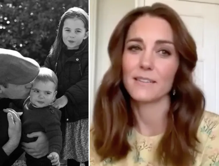 A woman in a floral dress speaks on a video call; black and white photo of a man kissing a child next to a young girl.