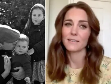 A woman in a floral dress speaks on a video call; black and white photo of a man kissing a child next to a young girl.