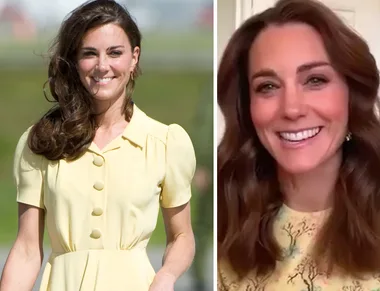 Two images of a woman with brown hair, one with a yellow dress outdoors, and another smiling indoors.