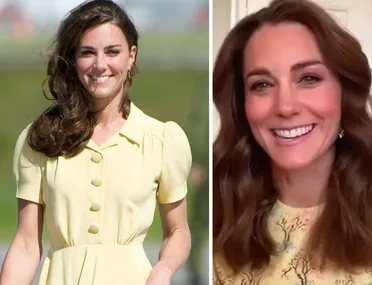 Two images of a woman with brown hair, one with a yellow dress outdoors, and another smiling indoors.