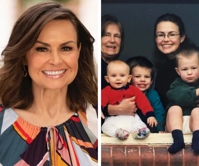 Lisa Wilkinson smiling in a colorful dress; alongside, a family photo with three children and two women.