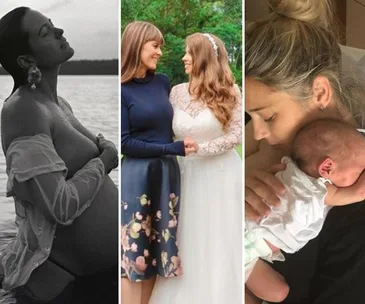 A collage: a pregnant woman by water, a bride with her mother, and a woman holding a baby close.