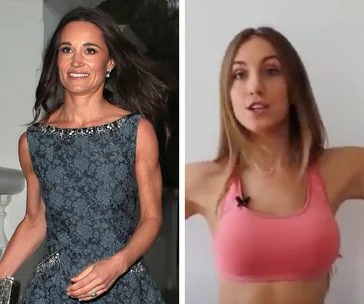 Two women side by side; one in a blue dress, the other in a pink sports bra, demonstrating arm exercises.
