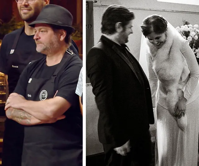 "Chris in MasterChef apron; wedding photo with woman in bridal wear, both smiling."