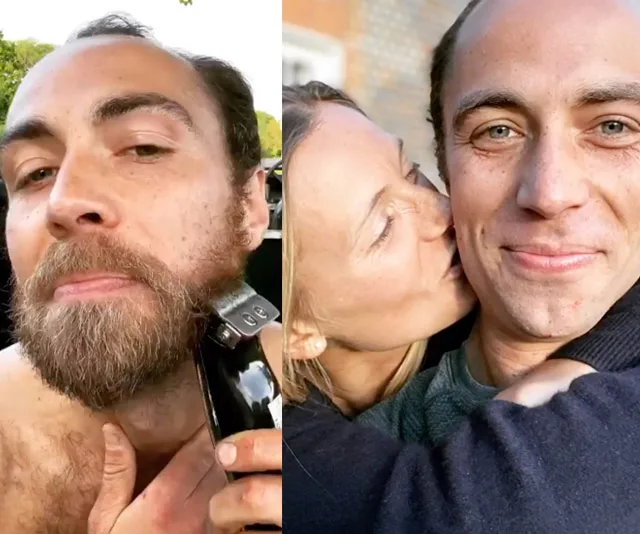 "Man shaving a beard with trimmer; woman kissing clean-shaven man on cheek, smiling together outdoors."