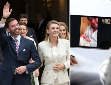 Luxembourg's royal couple with new baby on video call; Crown Prince Guillaume waves beside Princess leading smiles at event.