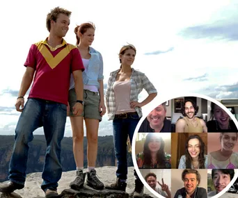 Group of young people standing on a cliff, inset shows video call grid with smiling faces.