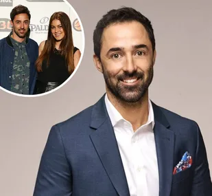 A man in a blue suit smiling, with an inset of a man and woman posing together at an event.