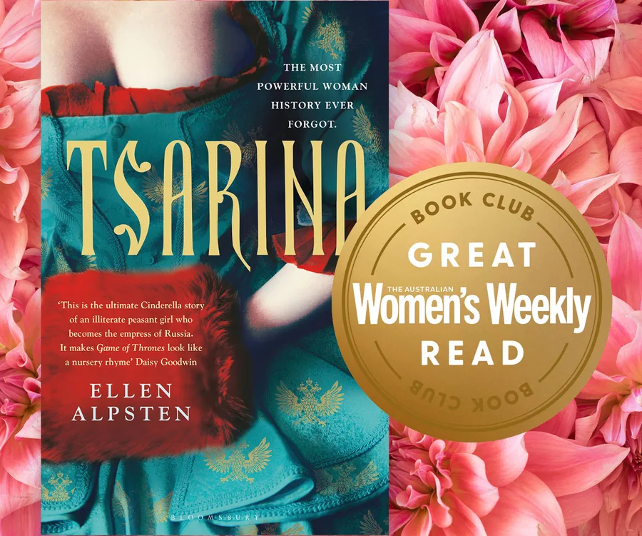 "Tsarina book cover with teal dress, pink flowers, gold seal 'Great Women's Weekly Read', by Ellen Alpsten."