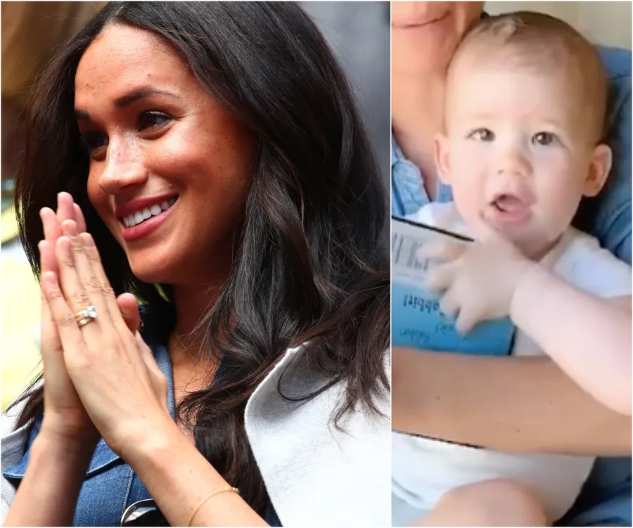 Meghan Markle smiling with hands clasped, next to a baby holding a book, both appear joyful and relaxed.
