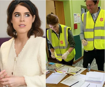 Princess Eugenie and Jack Brooksbank help at a Salvation Army event, wearing safety vests and handling paperwork.