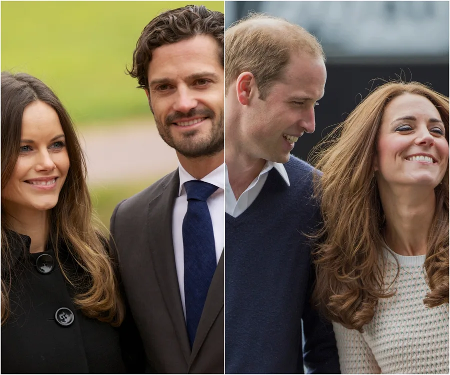 "Two couples smiling outdoors; the first in suits, the second in casual attire and sweater."