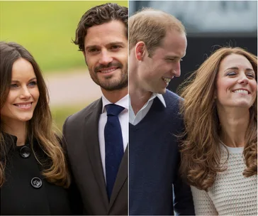 "Two couples smiling outdoors; the first in suits, the second in casual attire and sweater."