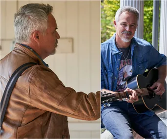 A man with gray hair wearing a leather jacket in one image, and playing guitar in a denim shirt in another.