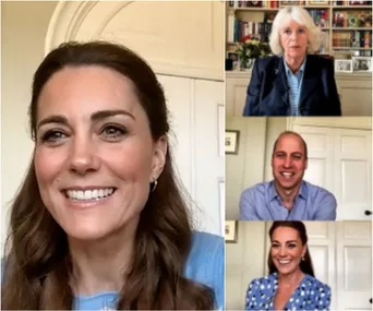 Royal family members in blue outfits during a video call, smiling and conversing.