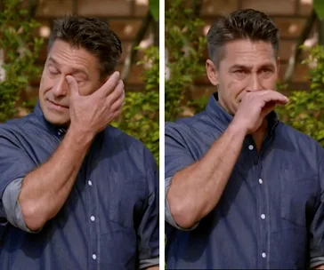 A man in a blue shirt looking emotional, wiping his eye in two side-by-side images.