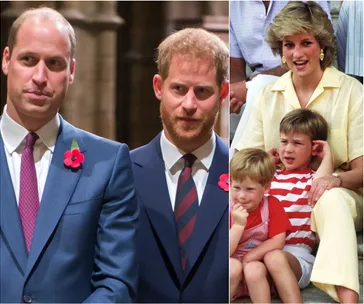 Splitscreen: Two men in suits with poppies; Woman with two young boys dressed casually.