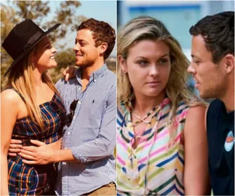Couple smiling together outdoors; duo talking closely in casual attire from "Home and Away."