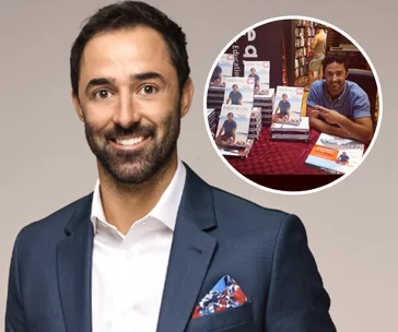 Andy Allen smiling in a suit, with an inset of him signing books at an event.