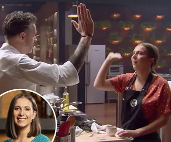 Chef high-fiving contestant in kitchen, inset shows the contestant smiling.