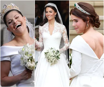 Three royal brides in elegant wedding dresses and tiaras, each holding a bouquet and smiling.