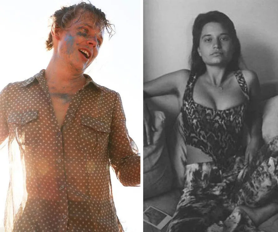 Young couple posing; left: a person in a star-patterned shirt with face paint; right: a person lounging in a patterned top.