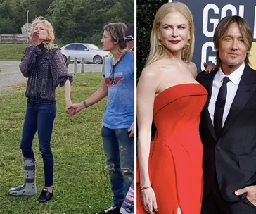 Nicole Kidman blows a kiss, wearing a foot brace, standing with Keith Urban; at an event in a red dress.