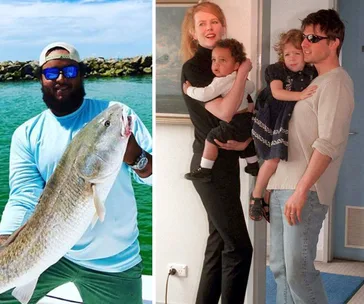 Man holding a large fish on a boat; next to family portrait with two adults holding children indoors.