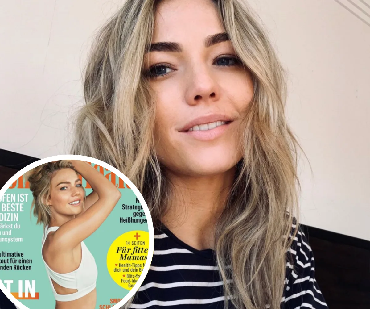 Young woman with long blonde hair, wearing a striped shirt, smiles in a selfie. Inset shows her on magazine cover.