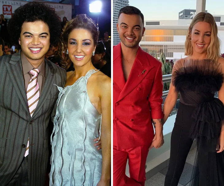 Young couple dressed formally on the left; same couple older in stylish outfits on the right.