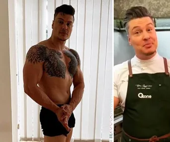 Man on left with tattoos and shorts; on right in chef’s uniform with apron in a kitchen setting.