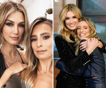 "Two women in stylish outfits; first photo is a selfie, second shows them hugging affectionately while smiling."