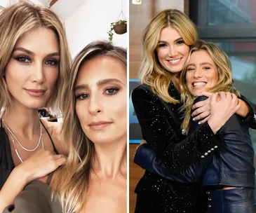 "Two women in stylish outfits; first photo is a selfie, second shows them hugging affectionately while smiling."