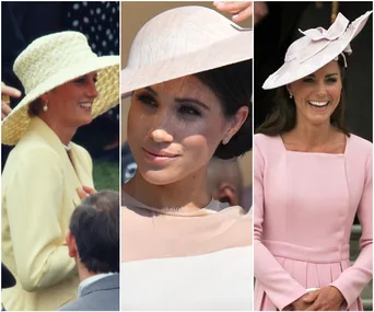 Royal women in stylish hats: left in yellow with straw hat, center in white with net hat, right in pink with floral hat.