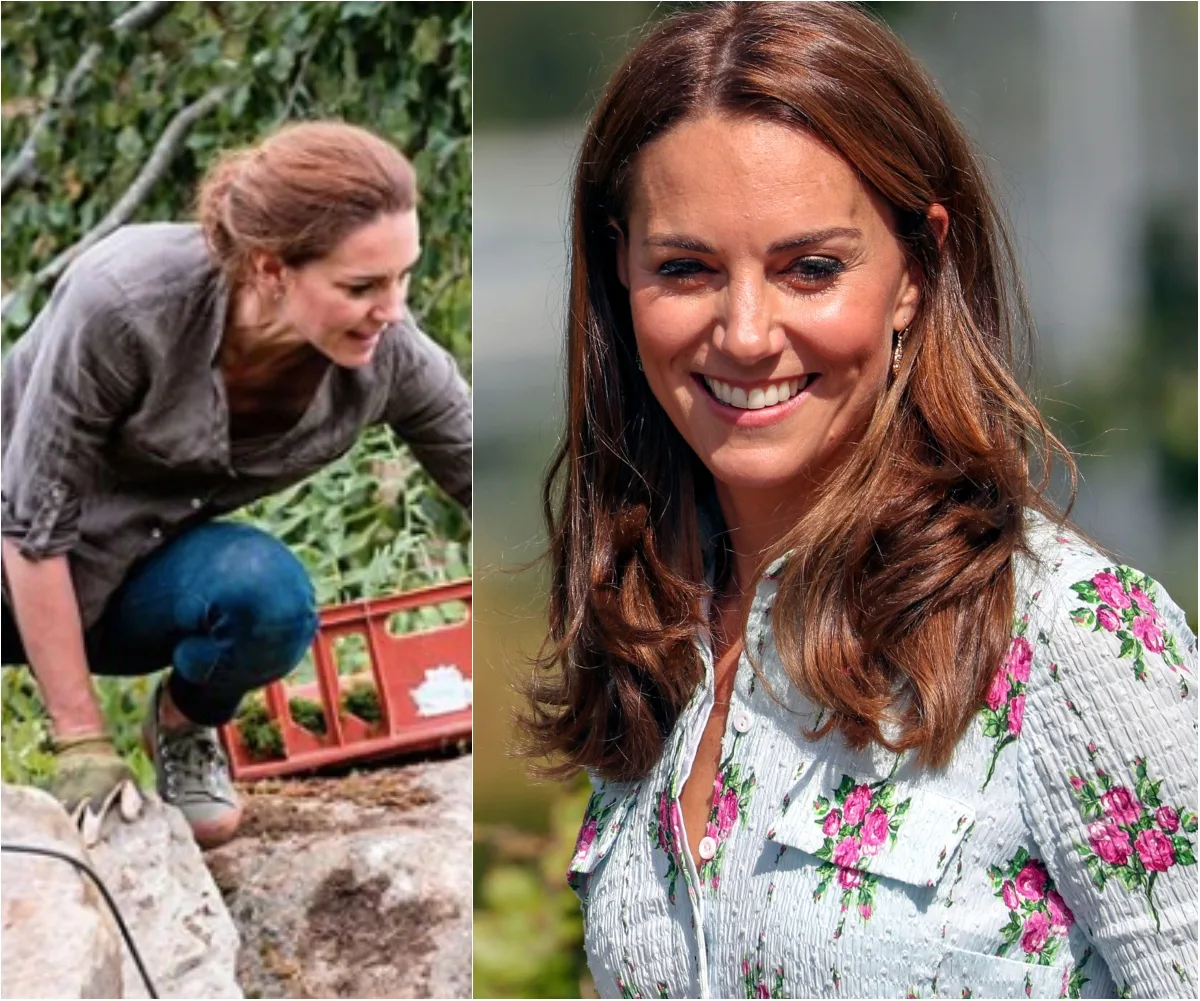 Duchess of Cambridge gardening in casual attire; smiling in floral dress at an event.