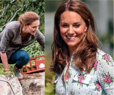 Duchess of Cambridge gardening in casual attire; smiling in floral dress at an event.