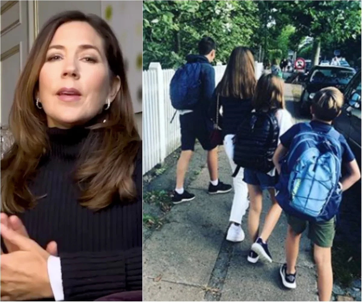 "Princess Mary smiles; four children with backpacks walk on a sidewalk, back-to-school time."
