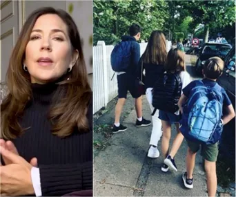 "Princess Mary smiles; four children with backpacks walk on a sidewalk, back-to-school time."