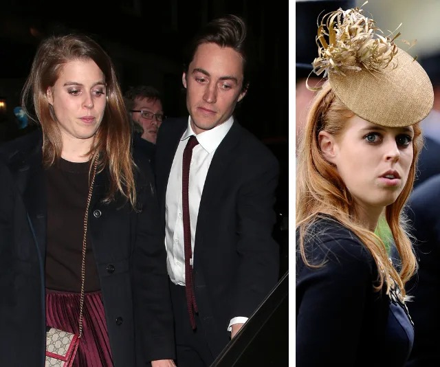 Princess Beatrice and a man on the left in an evening setting, Beatrice wearing a hat on the right.