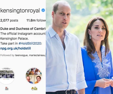Kensington Royal Instagram profile snippet alongside a man and woman in outdoor setting, both in formal attire.