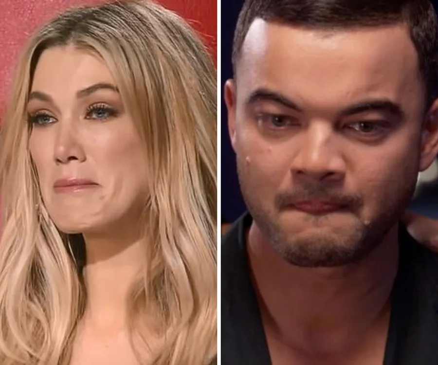 Two individuals, both emotional and teary-eyed, pictured side by side against different backgrounds.