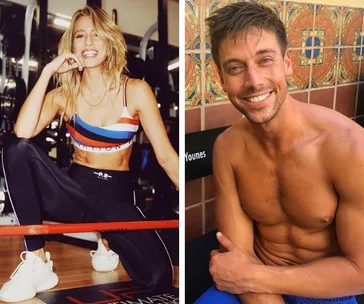 Woman in gym attire smiling and kneeling next to gym equipment; shirtless man sitting and smiling outdoors.