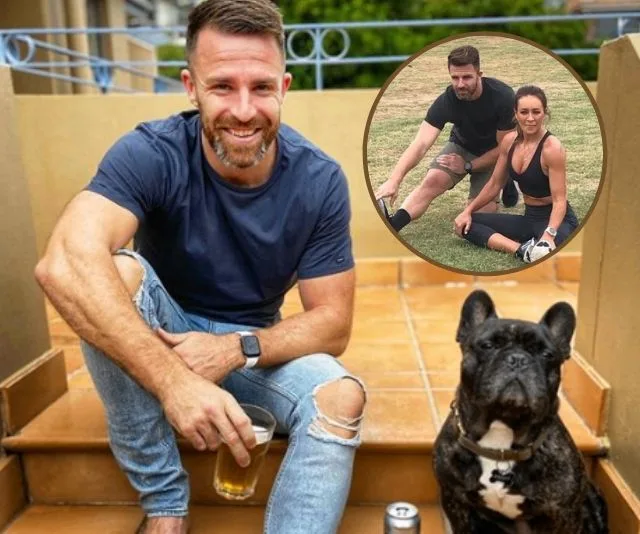 Man smiling on steps with drink, dog nearby, inset of workout duo stretching on grass.