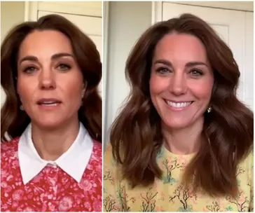 Kate Middleton wearing floral dresses in video calls; one red with a collar, another yellow with a floral pattern, smiling.