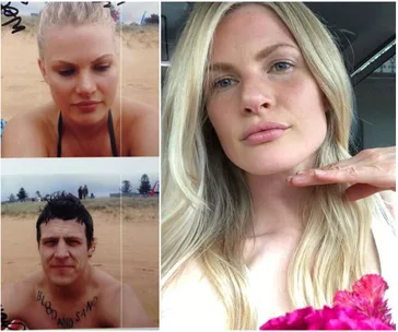 Blonde woman on beach in two images; close-up selfie with blonde hair and pink flower in third.