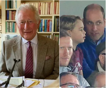 Prince Charles smiling in a study; Prince George in a stadium with Prince William.