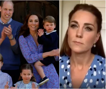A family stands together, smiling, with Kate Middleton holding her child; another image shows her in a blue polka dot dress.