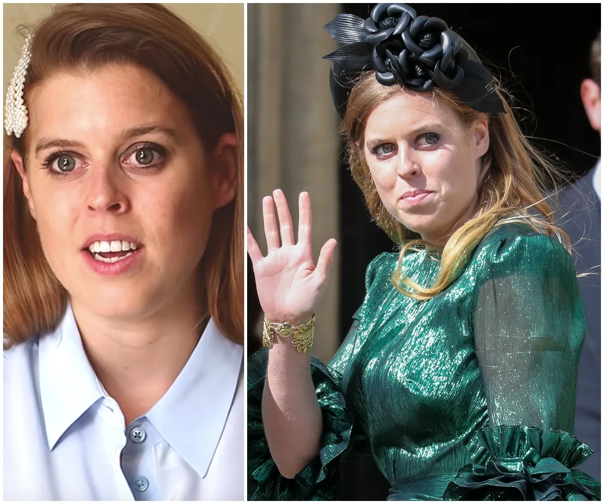 Princess Beatrice in two images: left in a light blue shirt, right in a green dress and black fascinator, waving.