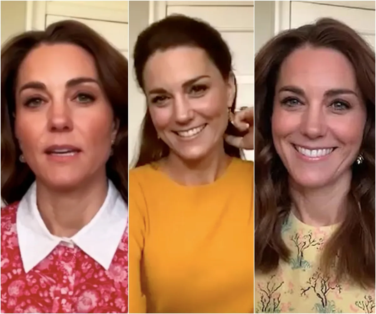 Kate Middleton in video calls, wearing different outfits: a red floral dress, a yellow top, and a patterned yellow dress.